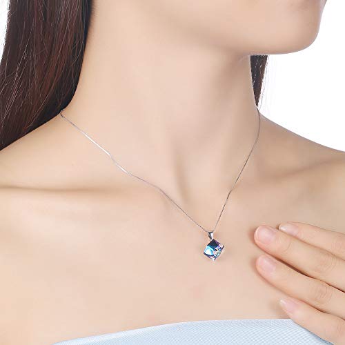 Colgante, Collar Cristalino De La Manera De Las Mujeres Coloridas De Clavícula Cadena del Cubo del Azúcar del Encanto De 15,7 + 2,4 Pulgadas, 925 Joyería De Plata