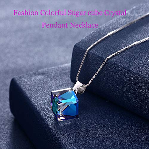 Colgante, Collar Cristalino De La Manera De Las Mujeres Coloridas De Clavícula Cadena del Cubo del Azúcar del Encanto De 15,7 + 2,4 Pulgadas, 925 Joyería De Plata