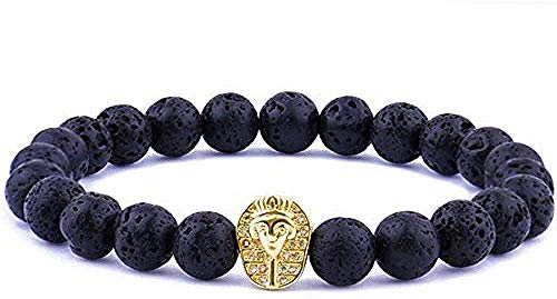 Collar New F S Black Lava Stone Beads Bracelet Pharaoh Head Men Elastic Rope Chain Charm Bangles Bracelet Hip Hop Jewelry Gift Length 19Cm