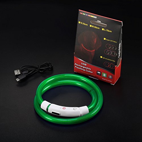 Collar para Perros, Collar de Seguridad para Perros, Rymall collar adiestramiento USB ajustable recargable impermeable LED parpadea luz Collar del animal doméstico, Verde