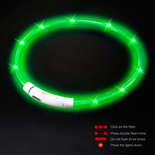 Collar para Perros, Collar de Seguridad para Perros, Rymall collar adiestramiento USB ajustable recargable impermeable LED parpadea luz Collar del animal doméstico, Verde