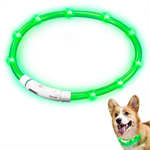 Collar para Perros, Collar de Seguridad para Perros, Rymall collar adiestramiento USB ajustable recargable impermeable LED parpadea luz Collar del animal doméstico, Verde