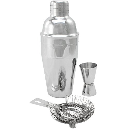 COM-FOUR® 3 piezas Set de Coctelera de acero inoxidable resistente a la oxidación - batidora de coctelería con agitador, vaso medidor y colador de cóctel - 550 ml (Coctelera - 03 piezas)