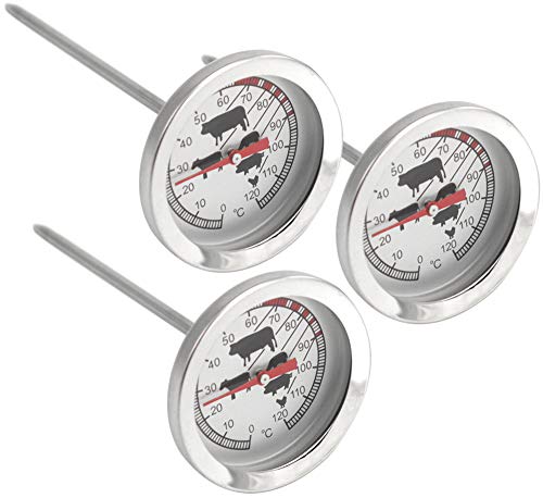 com-four® 3x Termómetro para Asados de Acero Inoxidable - Termómetro Analógico de Carne hasta 120 °C - Termómetro de Parrilla - Aguja de Carne - 10 cm (003 piezas)