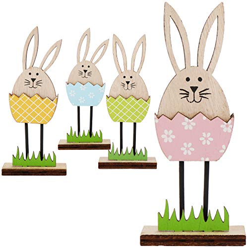 com-four® 4X Estela Decoración de Pascua de Madera - Conejitos de Pascua en el Huevo de Pascua para Estar de pie - Estela Decorativa [la selección varía] (04 Piezas - Estela - Conejo en el Huevo)