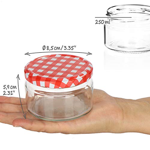 COM-FOUR® 6x Tarros de cristal con tapón de rosca a cuadros en rojo/blanco - Potes de cristal pequeños para conservas o mermelada, Ø 82mm, 250 ml