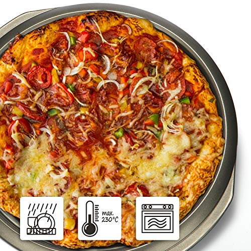 COM-FOUR® Bandeja para pizza de acero al carbono con asa - placa para pizza con revestimiento antiadherente - bandeja para hornear redonda para pizza - Ø 34,5 cm