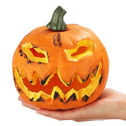 com-four® Calabaza con iluminación LED - Linterna para Halloween y otoño - Calabaza Deco con una Cara aterradora (001 Piezas - Calabaza 16 cm)