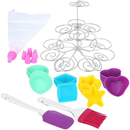 com-four® Juego de cupcakes de 28 piezas - Juego de respaldo con tazas de muffins, cepillo, espátula y bolsa para tuberías - Ideal para cupcakes (28 piezas - set de decoración de cupcakes)