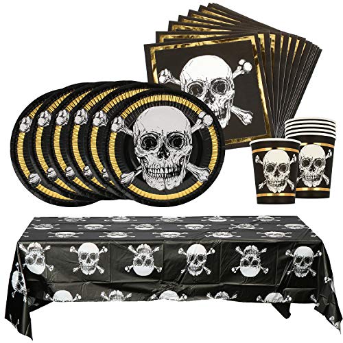 COM-FOUR® Juego de vajilla para Fiestas de 25 Piezas - Platos, Tazas, servilletas, manteles - para Fiestas Piratas, cumpleaños Infantiles y Halloween (Platos de Fiesta - 25 Piezas - 6 Invitados)