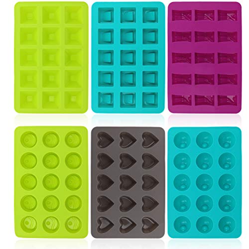 COM-FOUR® molde de silicona 6x para chocolates - moldes de praliné para 15 chocolates o cubitos de hielo - molde de chocolate [el color varía] (06 piezas - angular/redondo/corazón)