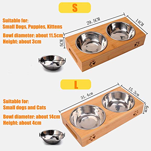 Comedero para Mascotas, Tazón Cuenco Elevado para Mascotas Perros Pequeños, Alimentador de Madera Soporte de Bambú 2 Tazones de Acero Inoxidable (S)