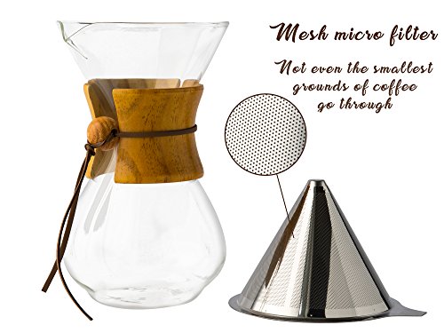 Comfify Pour Over Coffee Maker con Jarra de borosilicato y Filtro de Acero Inoxidable Reutilizable - Cafetera goteadora de café Manual de 500ml con Mango de Madera Real