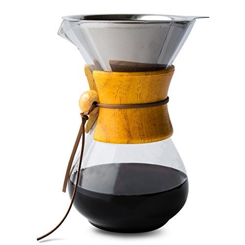 Comfify Pour Over Coffee Maker con Jarra de borosilicato y Filtro de Acero Inoxidable Reutilizable - Cafetera goteadora de café Manual de 500ml con Mango de Madera Real