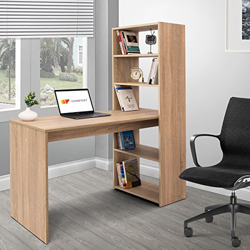 COMIFORT Escritorio con Estantería - Mesa de Estudio con Librería de Estructura Firme, Moderna y Minimalista con 4 Baldas Espaciosas y de Gran Capacidad, Color Sonoma