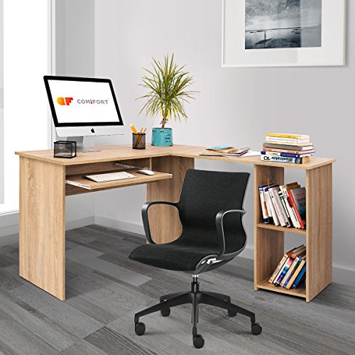 COMIFORT Escritorio Forma L - Mesa de Estudio con Estantería de Estructura Firme, Moderna y Minimalista con 2 Baldas Espaciosas y de Gran Capacidad, Color Roble Sonoma