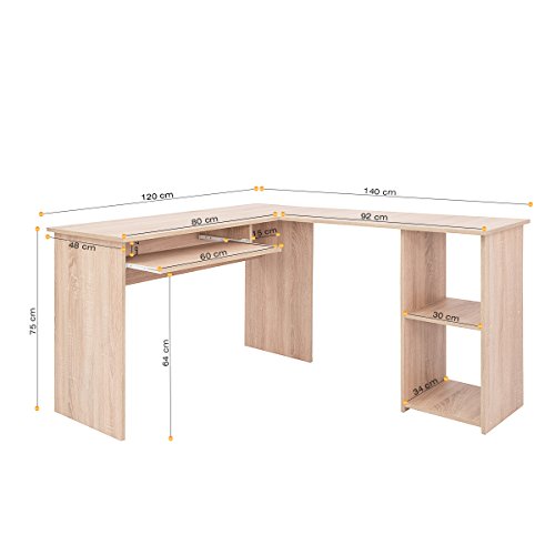 COMIFORT Escritorio Forma L - Mesa de Estudio con Estantería de Estructura Firme, Moderna y Minimalista con 2 Baldas Espaciosas y de Gran Capacidad, Color Roble Sonoma