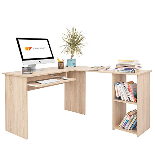 COMIFORT Escritorio Forma L - Mesa de Estudio con Estantería de Estructura Firme, Moderna y Minimalista con 2 Baldas Espaciosas y de Gran Capacidad, Color Roble Sonoma