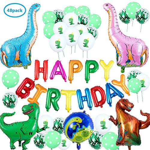 Comius 48 Piezas Decoración de Fiesta de Dinosaurio, 3D Globos de Dinosaurio, Happy Birthday Banner, Globos de Colores para Niños Chicas Selva Jurásico Cumpleaños Fiesta