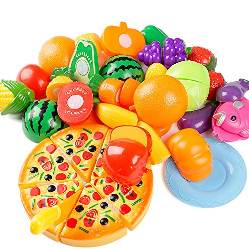 Comius Sharp Alimentos de Juguete, 24 Piezas Juguetes Cortar Frutas Verduras Pizza Juego de Plástico para Niños, Juego Educativo de Simulación