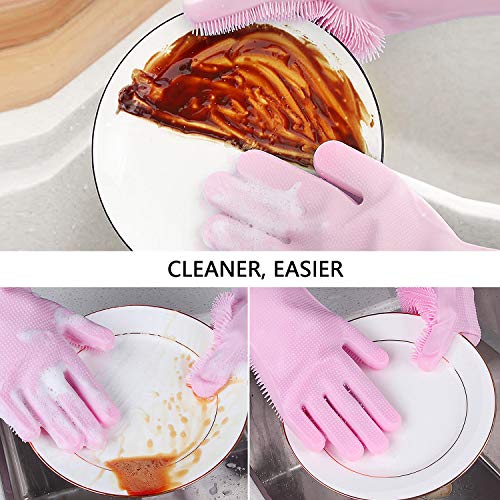 Comius Sharp Guantes de Silicona Mágicos, Guantes para Lavar Platos con Cepillo Limpieza de Lavado Resistente al Calor, Reutilizable Guantes de Goma para Lavar Platos, Cocina, Coche, Baño (Pink)