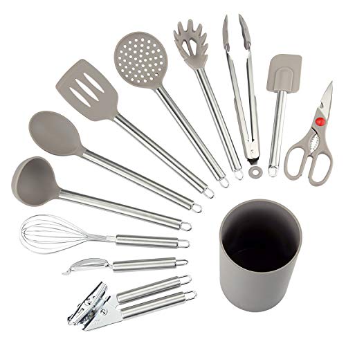 COMLIFE Utensilios de Cocina de 12 Piezas Antiadherentes Set-12 de Silicona y Acero Inoxidable, Incluye cucharas, batidor, abrelatas, pelador, raspador etc.