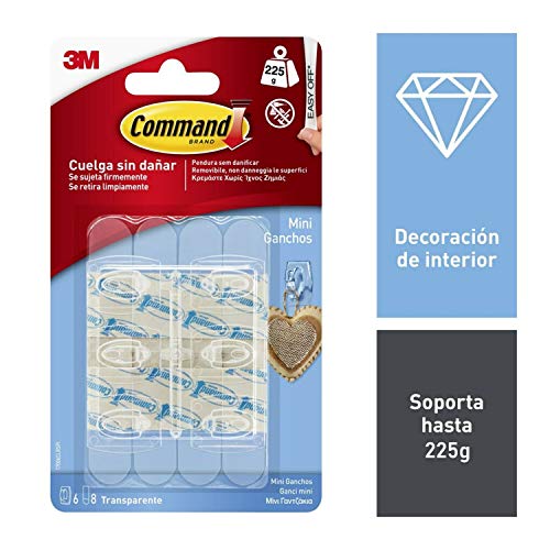 Command 17006CLR Pack de 6 ganchos con tiras, transparente, Mini, Set de 6 Piezas