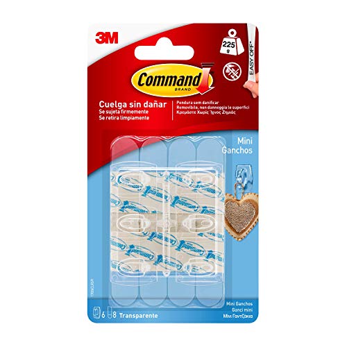 Command 17006CLR Pack de 6 ganchos con tiras, transparente, Mini, Set de 6 Piezas