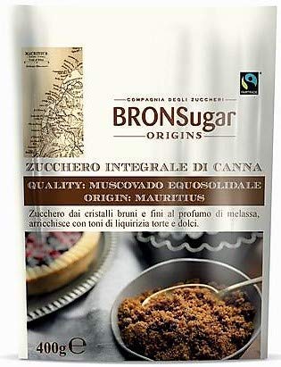 Compagnia degli Zuccheri Bronsugar Azúcar de caña integral Comercio justo Moscovado Calidad Origen Mauricio Cristales marrones y finos con tonos de regaliz - 1 x 400 Gramos