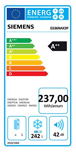 Congelador vertical - Siemens GS36NAX3P, 242 L, No Frost, 186 cm, Clase A++, Inox negro antihuellas