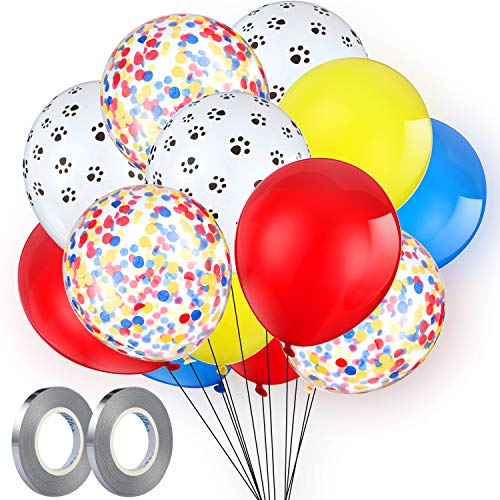 Conjunto de 108 Piezas de Globos con Estampado de Pata Globos de Látex Rojo Amarillo Azul Globos de Confeti 2 Piezas de Cinta de Plata para Fiesta Temática de Patrulla