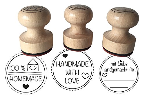 Conjunto de 3 sellos "Mit Liebe handgemacht, 100% Homemade und Handmade with Love, 3 cm de diámetro, sello de madera