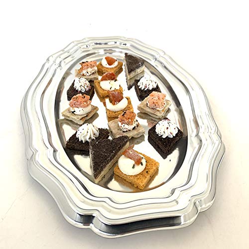 Conjunto de 5 bandejas ovaladas de plástico metálico - Bandejas de presentación para Pasteles o Buffet frío (Plata, 26 x 40 cm)