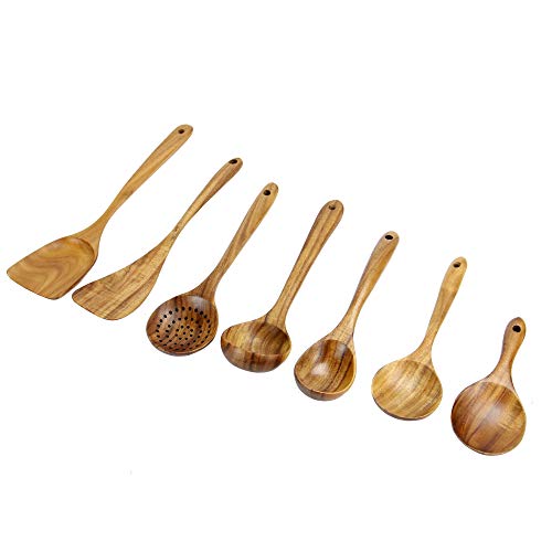 Conjunto de 7 utensilios de teca | Juegos de utensilios de cocina | Cucharas de madera resistentes a las rozaduras | Utensilios de cocina de estilo japonés | M&W