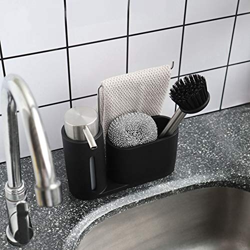 Conjunto de bastidor de almacenamiento de fregadero, fregadero de cocina, dispensador de detergente, organizador de carrito, esponja con bola de alambre de acero y cepillo para cocinas, baños, negro