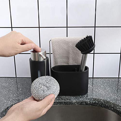 Conjunto de bastidor de almacenamiento de fregadero, fregadero de cocina, dispensador de detergente, organizador de carrito, esponja con bola de alambre de acero y cepillo para cocinas, baños, negro