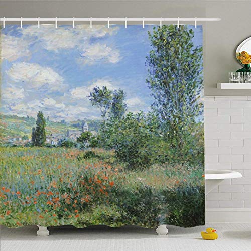 Conjunto de cortina de ducha con ganchos Campo Vista al campo Árboles Luz del sol Aceite Obra Derecha Verano Vetheuil de Claude Monet 1880 Tela de poliéster fina impermeable Decoración de baño para ba