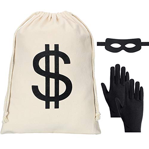 Conjunto de Disfraces de Ladrón, Incluye Bolsa de Dinero con Signo de Dólar, Guantes Negros de Bandido, Máscara de Ojos de Bandido para la Fiesta de Halloween Pirata Ladrón Cosplay Disfraz