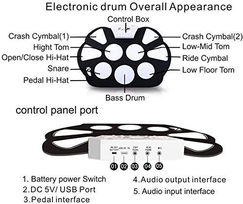 Conjunto de percusión de batería electrónica, plegables eléctricos Enrollables Tambores Pads - 9 Teclas, no hay un altavoz y una batería, regalos de día de fiesta de los niños, la estera del amortigua