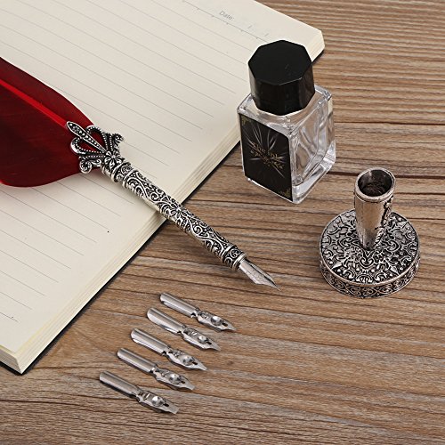 Conjunto de Pluma de Plumaje de Tinta con Tallado Vintagepara Caligrafía Escritura （5Pcs Semilla de Reemplazo）(Red)