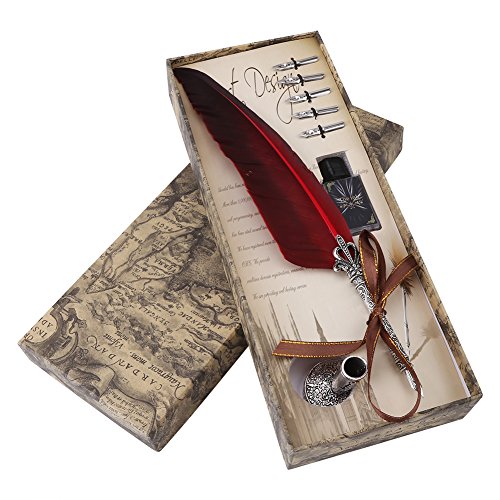 Conjunto de Pluma de Plumaje de Tinta con Tallado Vintagepara Caligrafía Escritura （5Pcs Semilla de Reemplazo）(Red)