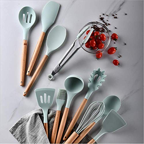 Conjunto de Utensilios de Cocina, 11 Piezas Antiadherente con Mango de Madera para de Cocina,No Tóxicas Resistentes Al Calor Utensilios De Cocina Antiadherente-Verde