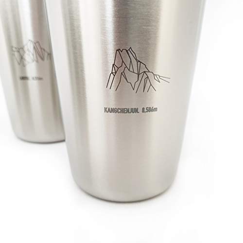 Conjunto de vasos de acero inoxidable “Geometric Mountains" (450ml / x4) | Vasos metálicos irrompibles, apilables y sin BPA | Camping, picnic, viajes, barbacoas, senderismo