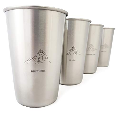 Conjunto de vasos de acero inoxidable “Geometric Mountains" (450ml / x4) | Vasos metálicos irrompibles, apilables y sin BPA | Camping, picnic, viajes, barbacoas, senderismo