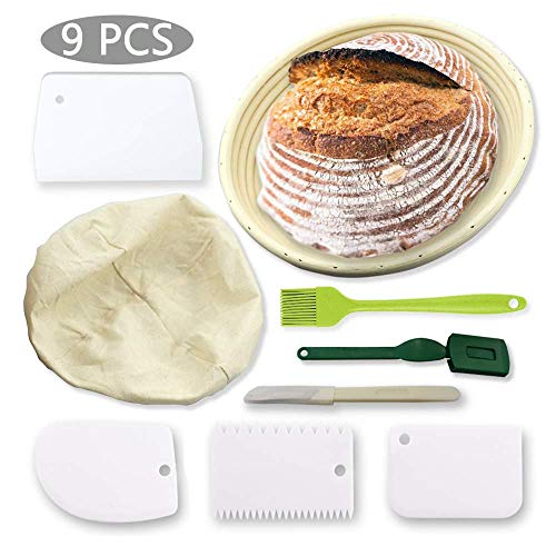 Conleke - Cesta redonda para hacer pan de 25,4 cm con paño de lino, 4 raspadores de masa, 1 cepillo para pan, 2 cortadores de pan y pan, cesta de prueba de ratán natural perfecto para hacer pan