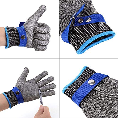 ConPush Guantes Anticorte Seguridad Corte Prueba puñalada Resistente Acero Inoxidable de Malla metálica Carnicero Guante de Color Azul Talla M Nivel 5