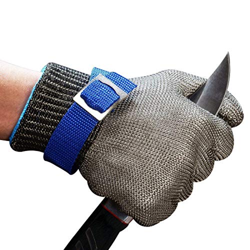 ConPush Guantes Anticorte Seguridad Corte Prueba puñalada Resistente Acero Inoxidable de Malla metálica Carnicero Guante de Color Azul Talla M Nivel 5