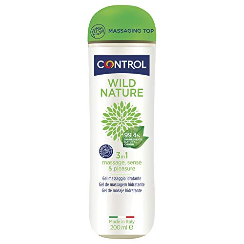 Control Wild Nature 3 en 1 - Gel de masaje corporal con aroma a té negro - 200 ml - Ingredientes naturales - Tapón Masajeador - Base acuosa - Compatible con el preservativo - Hidratante - No mancha