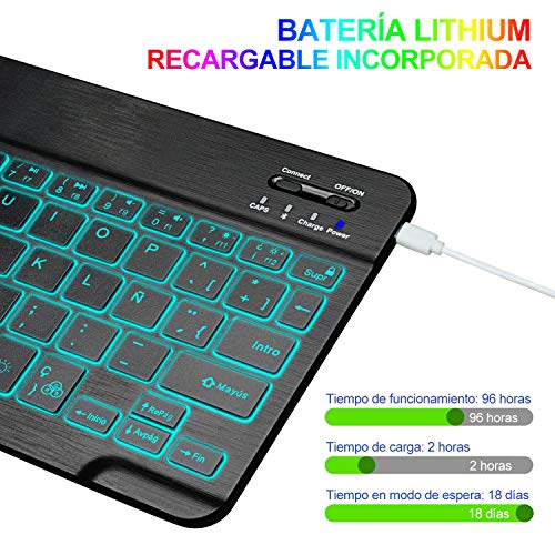 COO Teclado Inalámbrico Bluetooth, Teclado de Español (Incluye Letra Ñ) con 7 Colores Retroiluminado - Teclado Bluetooth 3.0 Ultra Delgado con Batería Recargable, Sistemas de iOS, Android, Windows