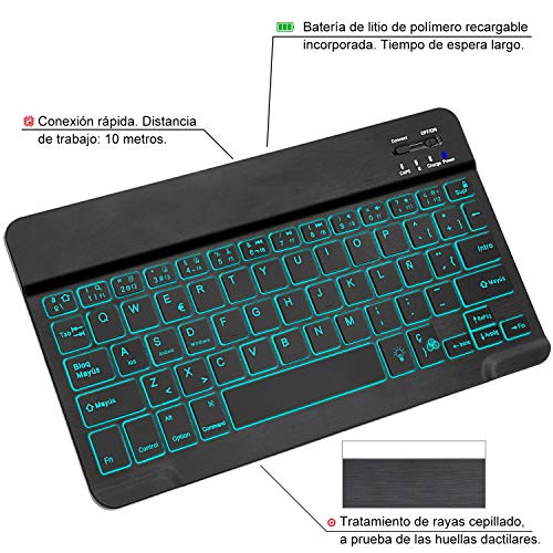 COO Teclado Inalámbrico Bluetooth, Teclado de Español (Incluye Letra Ñ) con 7 Colores Retroiluminado - Teclado Bluetooth 3.0 Ultra Delgado con Batería Recargable, Sistemas de iOS, Android, Windows